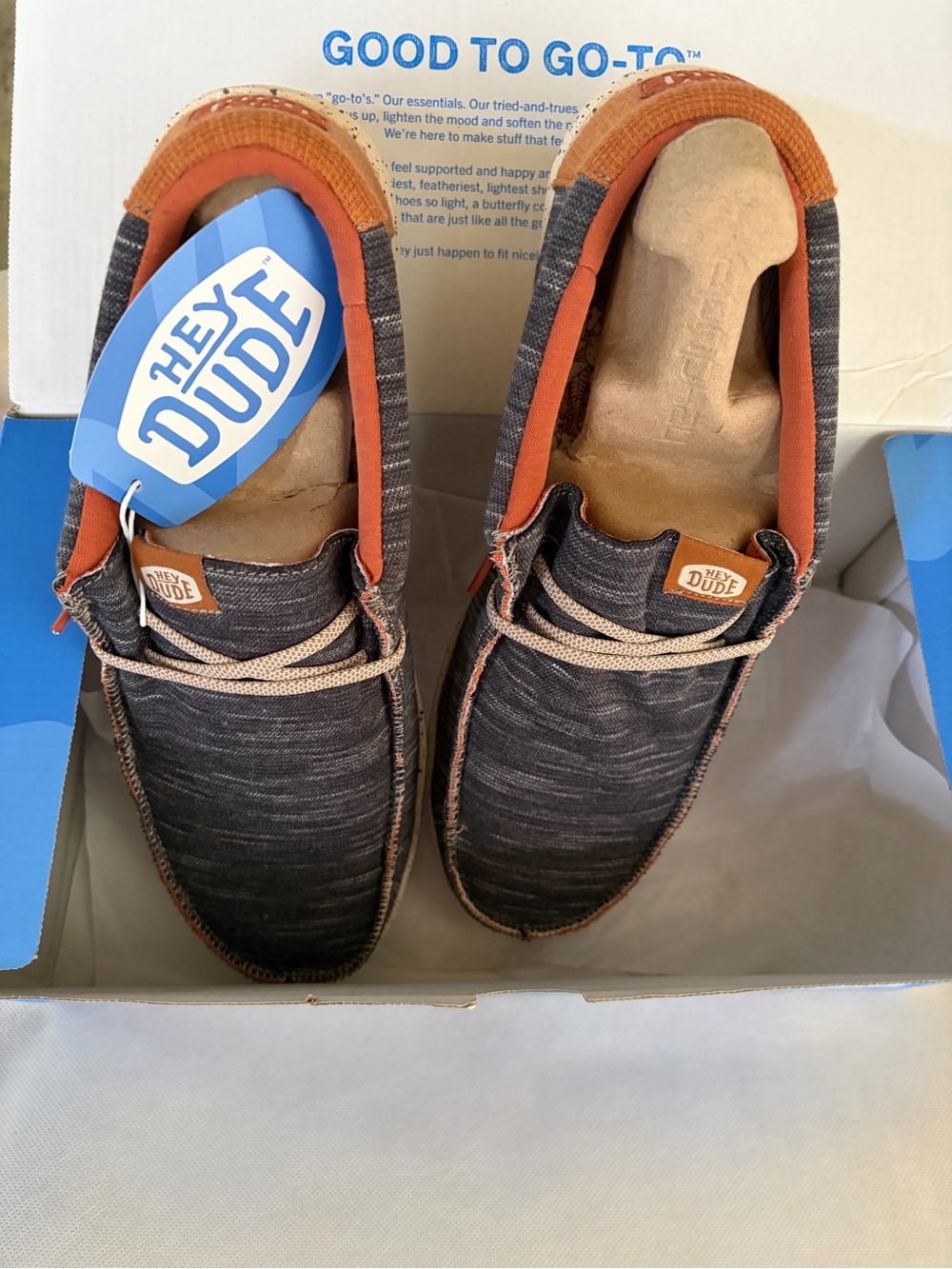 Hey Dude Men’s Charcoal Chambray Slip-Ons with Brown Trim